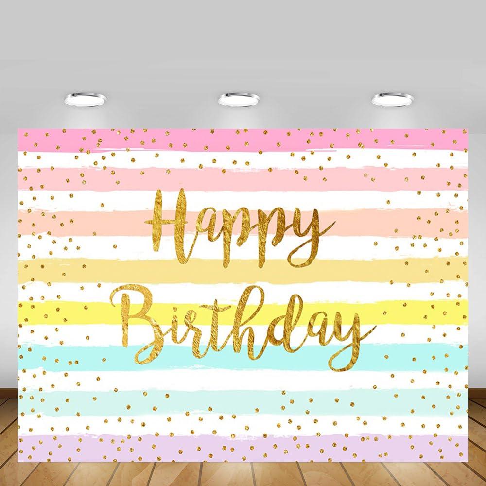 MEHOFOND 8x6ft Rainbow Girl Happy Birthday Party Decoration Backdrop Banner for Child Adults Colorful Stripe Golden Dot Happy Birthday Photography Background Studio Photo Props Vinyl 3