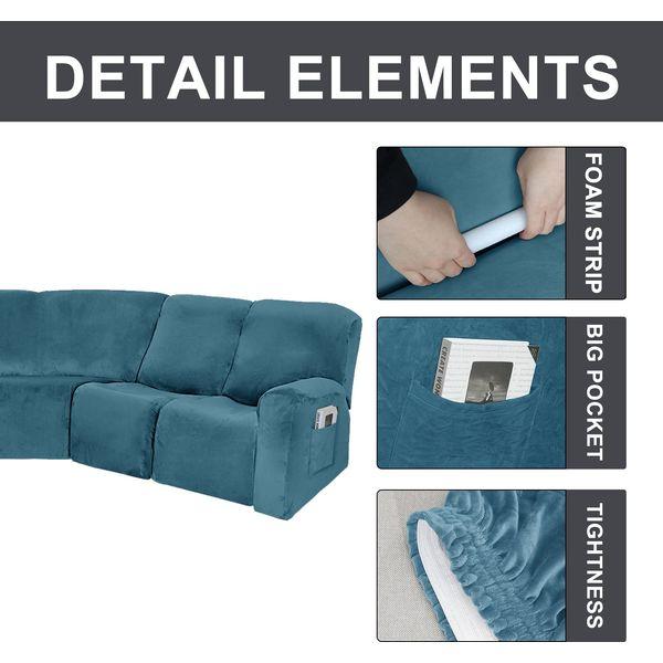 EURHOWING 7-Piece L Shape Sectional Recliner Sofa Covers 4 Seater & 1 Corner Seat,Velvet Stretch Reclining Couch Cover Slipcover for Reclining L Shape 5 Seat Recliner Corner Sofa(Peacock Blue,Velvet) 1