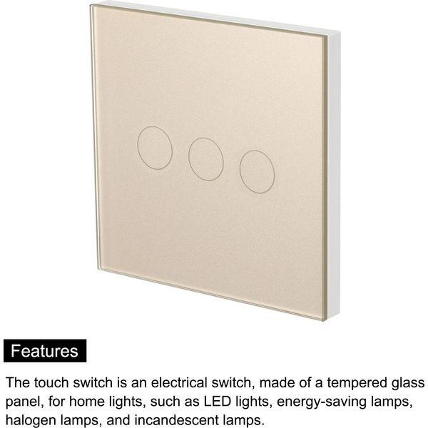 sourcing map Touch Light Switch 3 Gang 1 Way Tempered Glass Panel Gold Tone No Neutral Wire 86mmx86mm Pack of 2 3