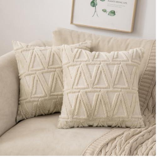 MIULEE Sofa Cushion Covers Faux Fur Throw Pillow Covers Pillowcase Fluffy Soft Wool Decorative Elegant With Triangle Plush Home for Bedroom Living Room Protector 40x40cm 16 x 16 Inch Pack of 2 Beige 0