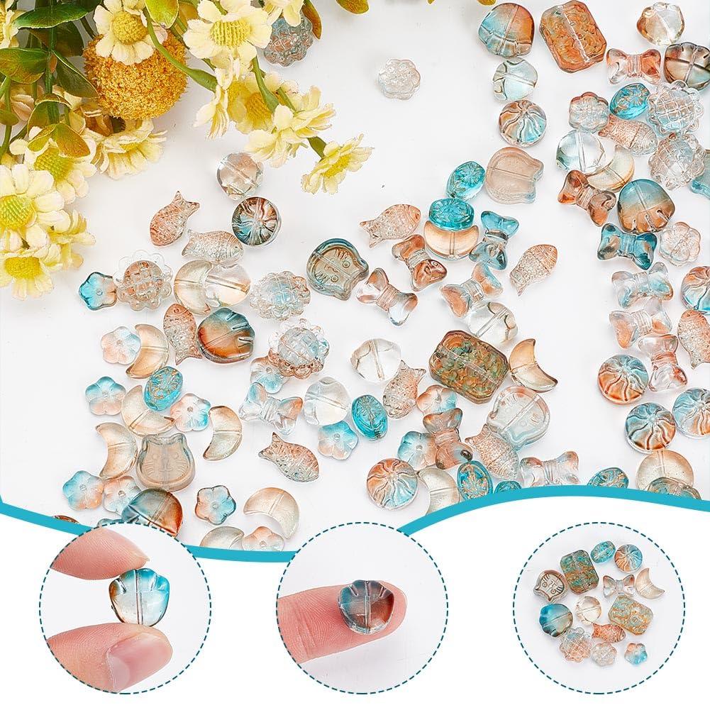 arricraft 240 Pcs 12 Styles Transparent Glass Beads, Rectangle/Flower/Fish/Bear/Cat/Bowknot/Moons/Oval Beads Charms Handmade Lampwork Beads Spacer Glass Beads for Jewelry Making 2