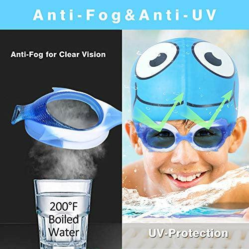 Superpop Kids Swim Caps Set, Soft Silicone Character Goldfish Swimming Cap Leakproof Swim Caps, Anti Fog, UV Protection Swim Goggles for Youths, Toddlers, Girls, Boys, Teenagers (Blue Set) 4