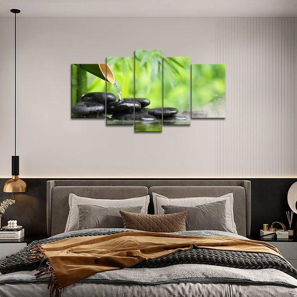 5 Panel Wall Art Green Spa Still Life With Bamboo Fountain And Zen Stone In Water Painting The Picture Print On Canvas Botanical Pictures For Home Decor Piece Stretched By Wooden Frame Ready To Hang 3