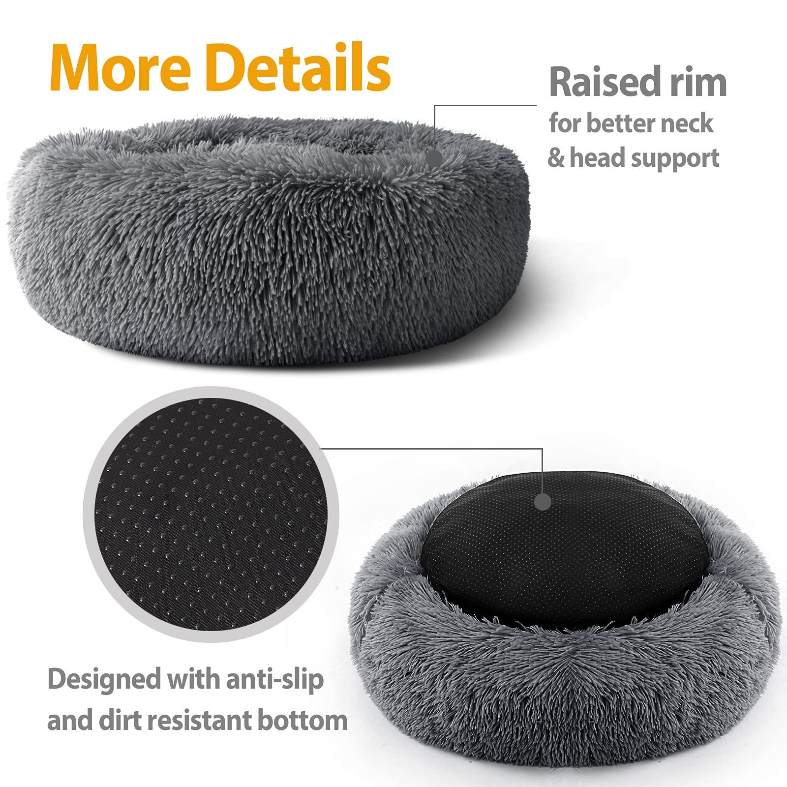 Enjamoy Plush Donut Dog Bed, Calming Round Dog Cat Bed Soft and Fluffy Cuddler Pet Cushion Self-Warming Puppy Beds Machine Washable, Dark Grey 60cm 2