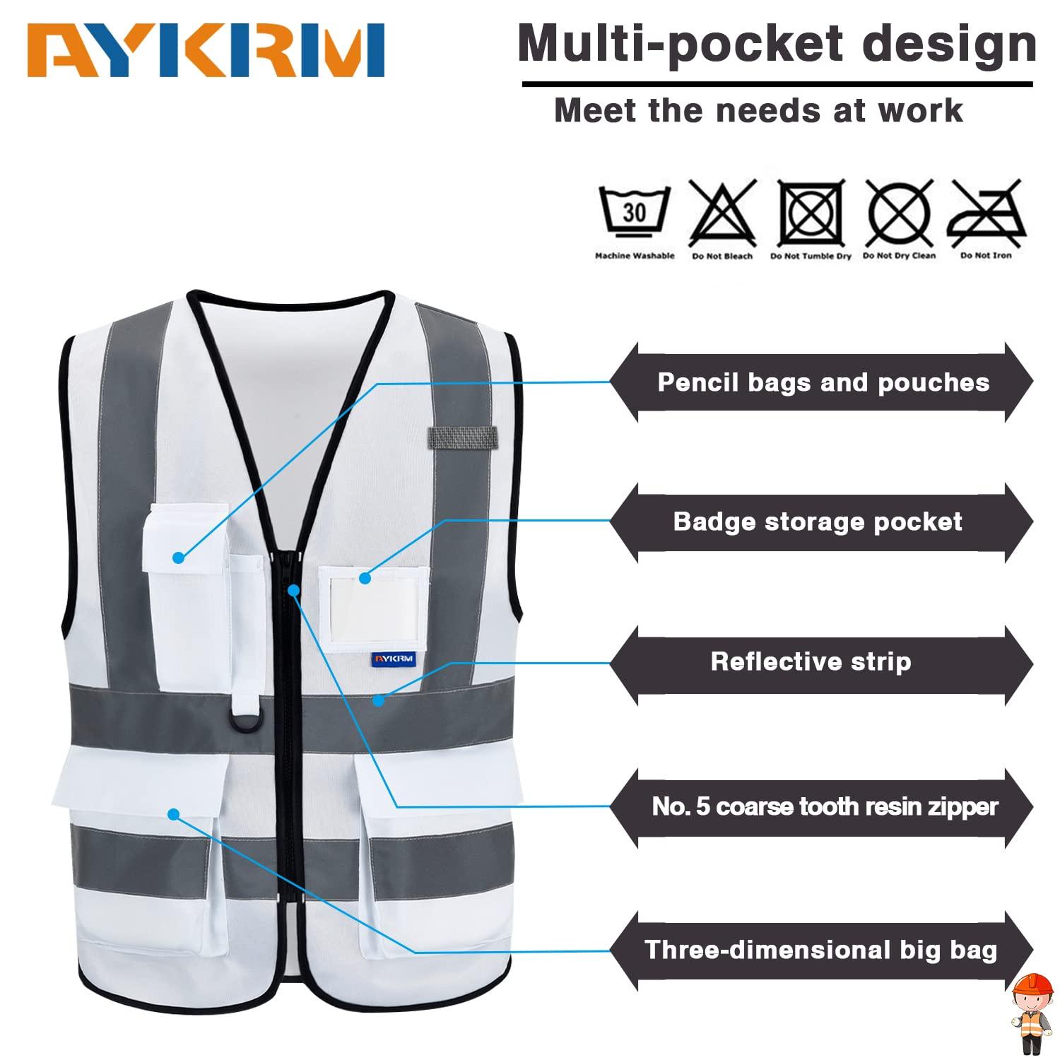 AYKRM Reflective vest white high viz Class 2 hi vis Zipper Front High Visibility vest Hi Vis Executive Vest Waistcoat with Phone & ID Pockets 1