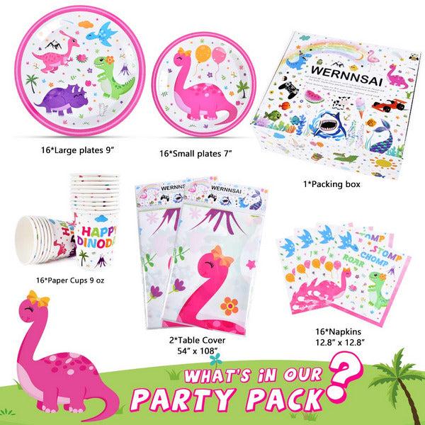 WERNNSAI Dinosaur Tableware Set - Dino Party Supplies for Girls Disposable Dinner Dessert Plates Napkins Cups Tablecloth Serves 16 Guests 66 Pieces 1