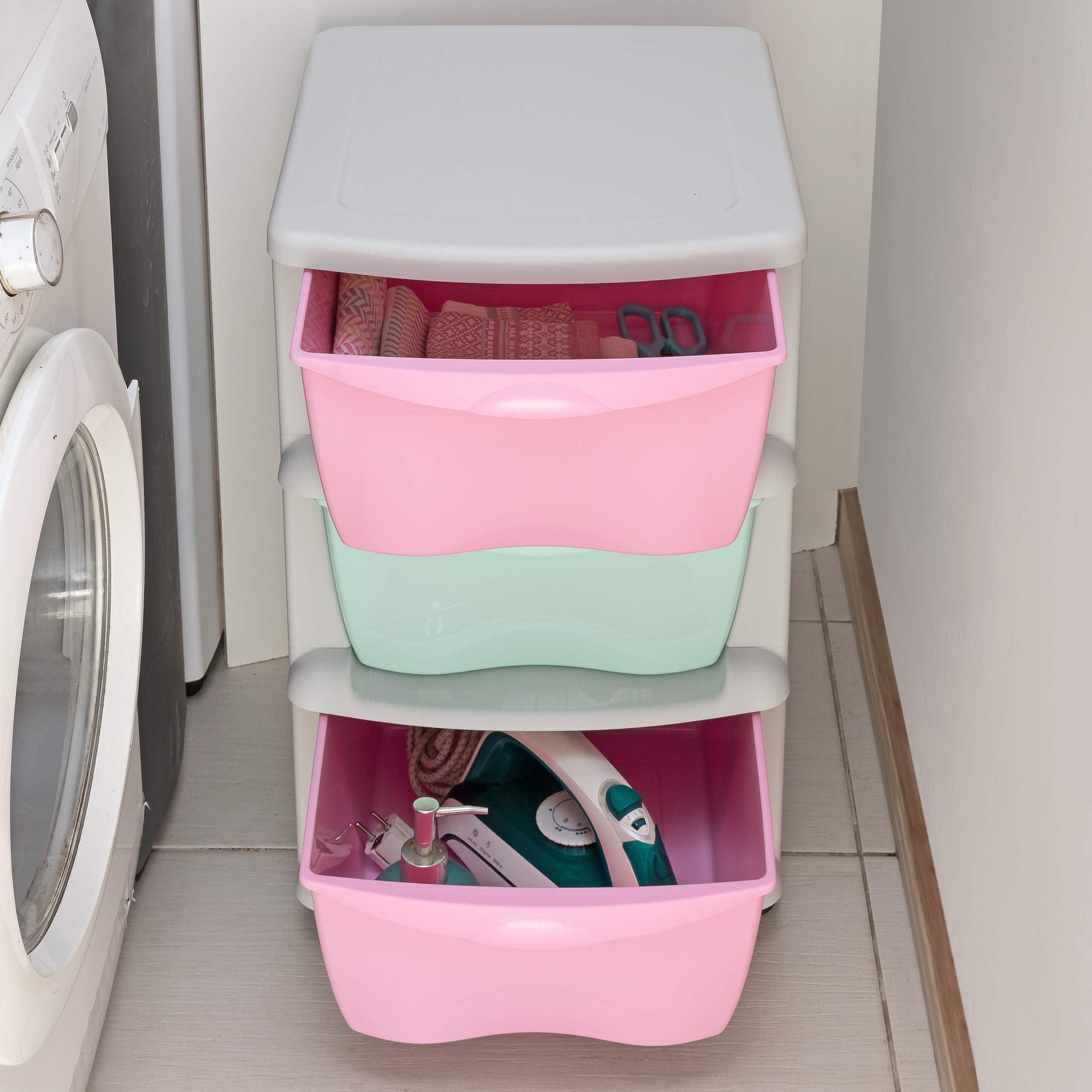 Maxi Nature Plastic Storage Drawers on Wheels - Sturdy Frame, Durable, Heavy Duty Organiser - 3 Tier Large Storage Unit for Kids Bedroom, Bathroom, Office - Made in Europe - Pink/Blue 4
