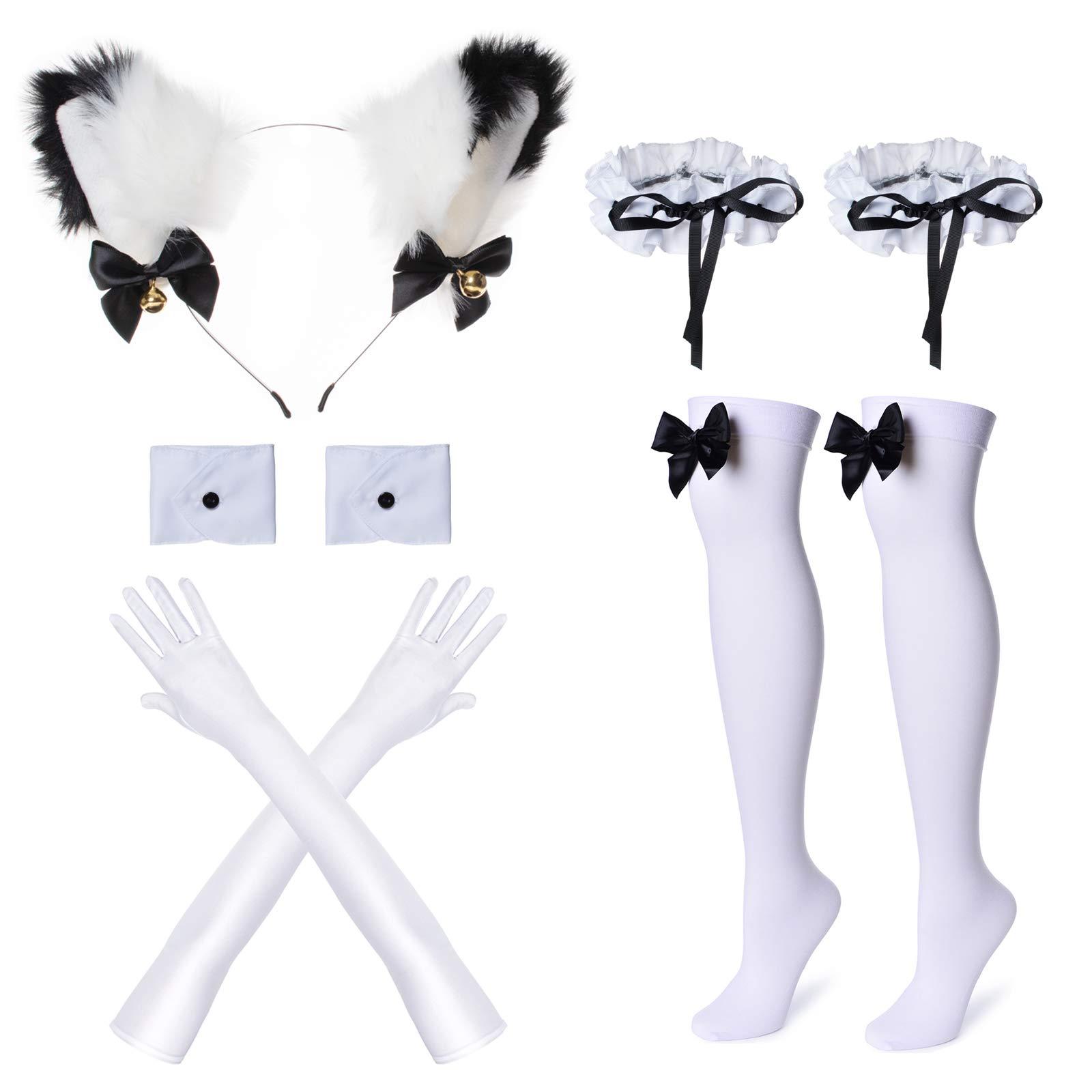 Anime French Maid Lolita Fancy Queen Princess Dress Cosplay Costume Furry Cat Ear Gloves Socks set（PinkL） 4