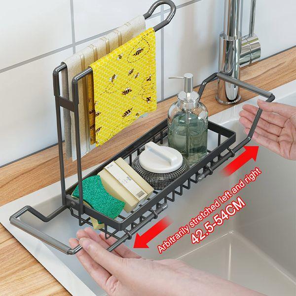 FOJJIYUAL Kitchen Sink Organiser, Sink Storage Holder for Sponge, Cloth, Brush, Drain Basket with Hanging Rail for cloth, Storage Rack in 201,Telescopic Black-L-42.5x10.5x23.5CM 1