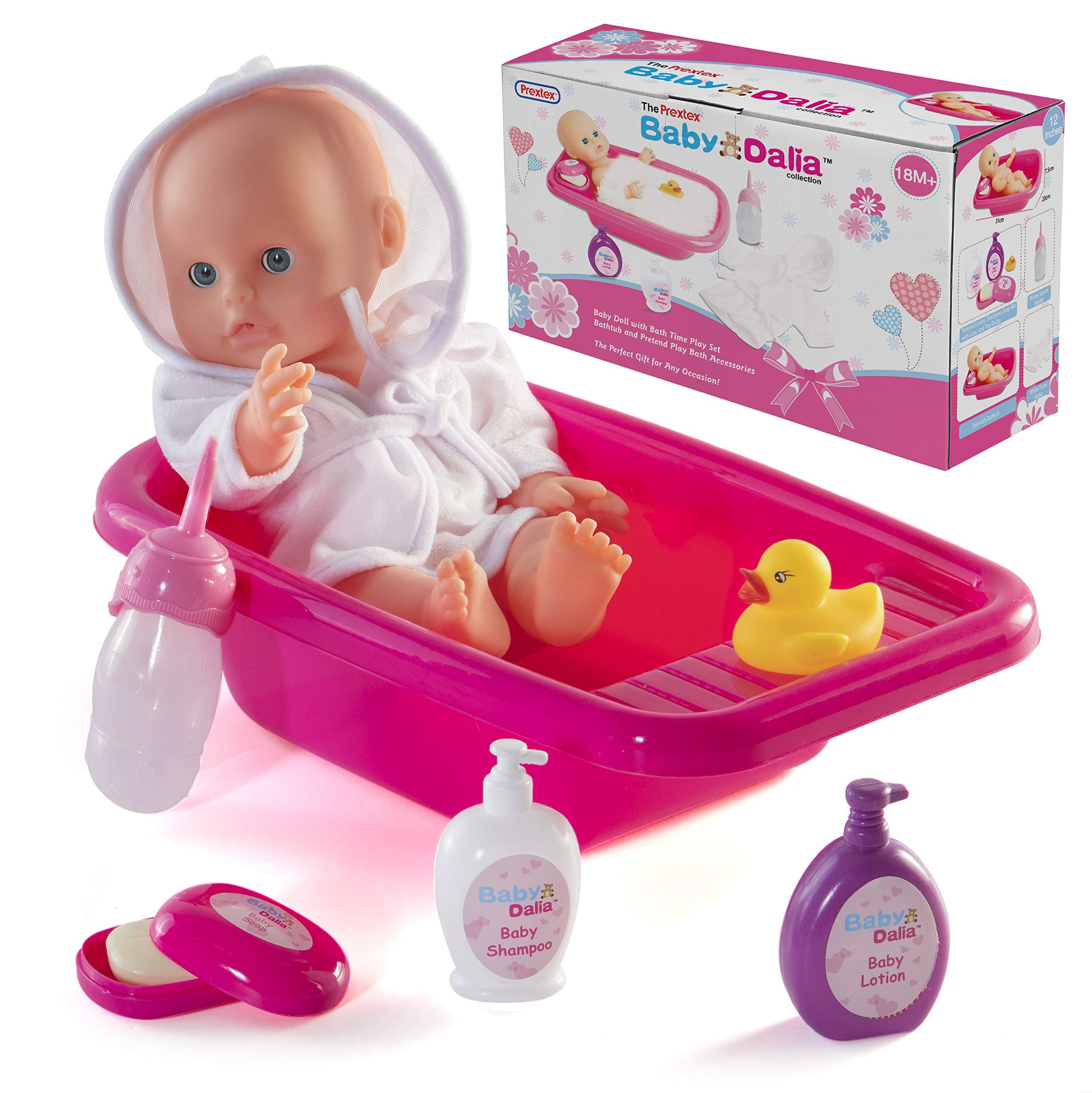 Prextex 8-pc Baby Doll Bath Set with Doll, Crib-shaped Bathtub, Robe Bath Toys Accessories - Baby Dalia Dolls Bathing Gift Toy Alive-like Set for Boys and Girls 3+ Excellent Stocking Fillers! 0