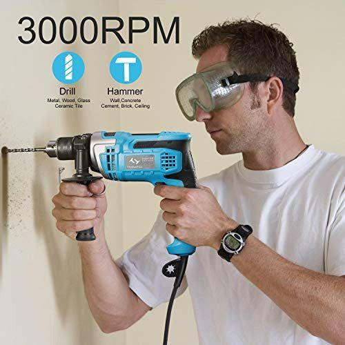 850W Hammer Drill, Tilswall Impact Drill 3000RPM Hand Electric Cored Percussion Drill with Drill Bits Set, Variable-Speed Trigger, 360Â° Rotating Handle for Brick, Wood, Steel, Concrete, Masonry 4