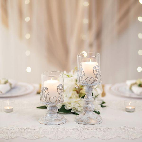Sziqiqi Vintage Pillar Candle Holders for Wedding Table Centrepieces - Glass Hurricane Candle Holders White Metal Candlestick Gifts for Bride Groom Couples Engagement Wedding Bridal Showers Decor 1