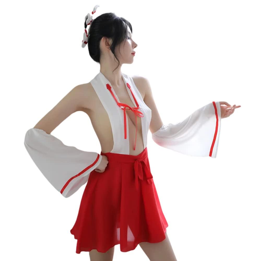 SINROYEE Lady's Japanese Anime Cosplay Outfit Witch Dress Costume Sexy Witch Lingerie For Women Naughty Sexy Kimono (White+red#2)