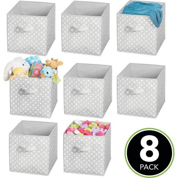 mDesign Set of 8 Storage Box Made of Fabric - Nursery Cupboard Organiser for Clothes and Accessories - Compact Fabric Box for the Children's Room with Polka-Dot Pattern - Grey/White 1