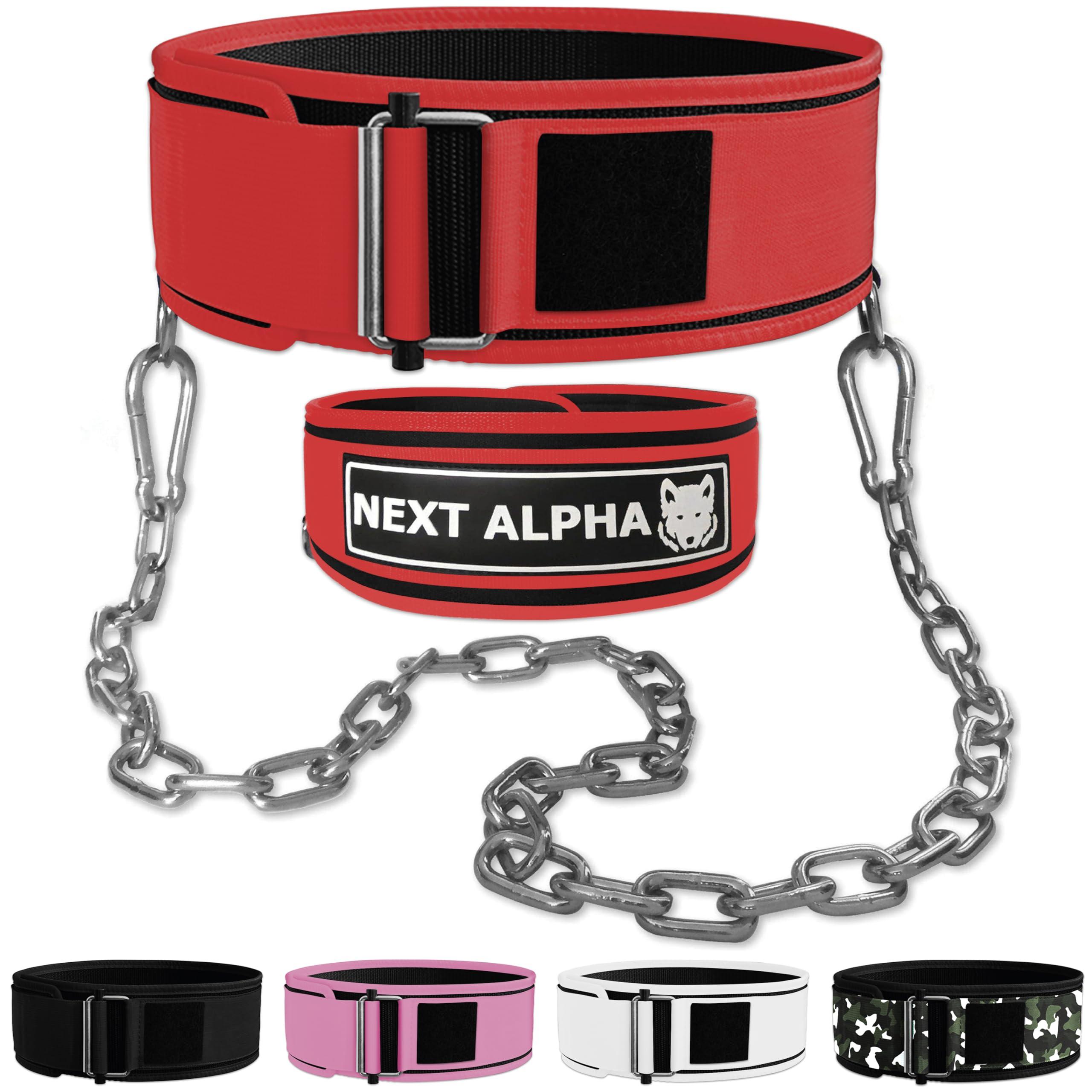 Next Alpha Weightlifting Belt & Dip Belt Combination - Custom Weight Lifting Belt for Men and Women - Self-Locking & Quick Release Buckle - With Chain - Red - Extra Large