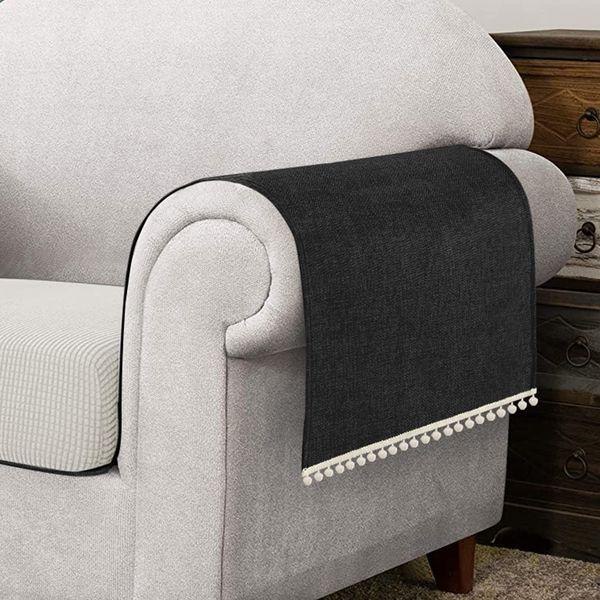 Hokibero Black Armchair Cover for Arms Sofa Arm Protector Covers Armrest Slipcover for Recliner Chair Linen Armrest Cover for Living Room Couch Sofa Arm Covers, Set of 2, Pompom Edge