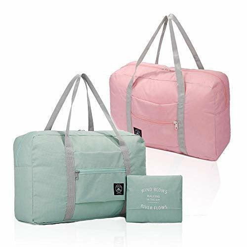 (2 Pack) Foldable Travel Duffel Bag, Waterproof Carry On Luggage Bag, Lightweight Travel Luggage Bag for Sports, Gym, Vacation (Light Blue, Light Pink) 0