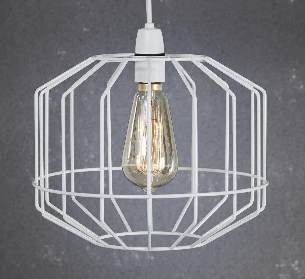 Retro Design Light Shade - Metal Wire Basket Cage Lamp Shade - Ceiling Pendant Light Shade - Wire Cage Lamp Shade - Industrial Vintage Style - Easy Fit Metal Lamp Shade - White 1