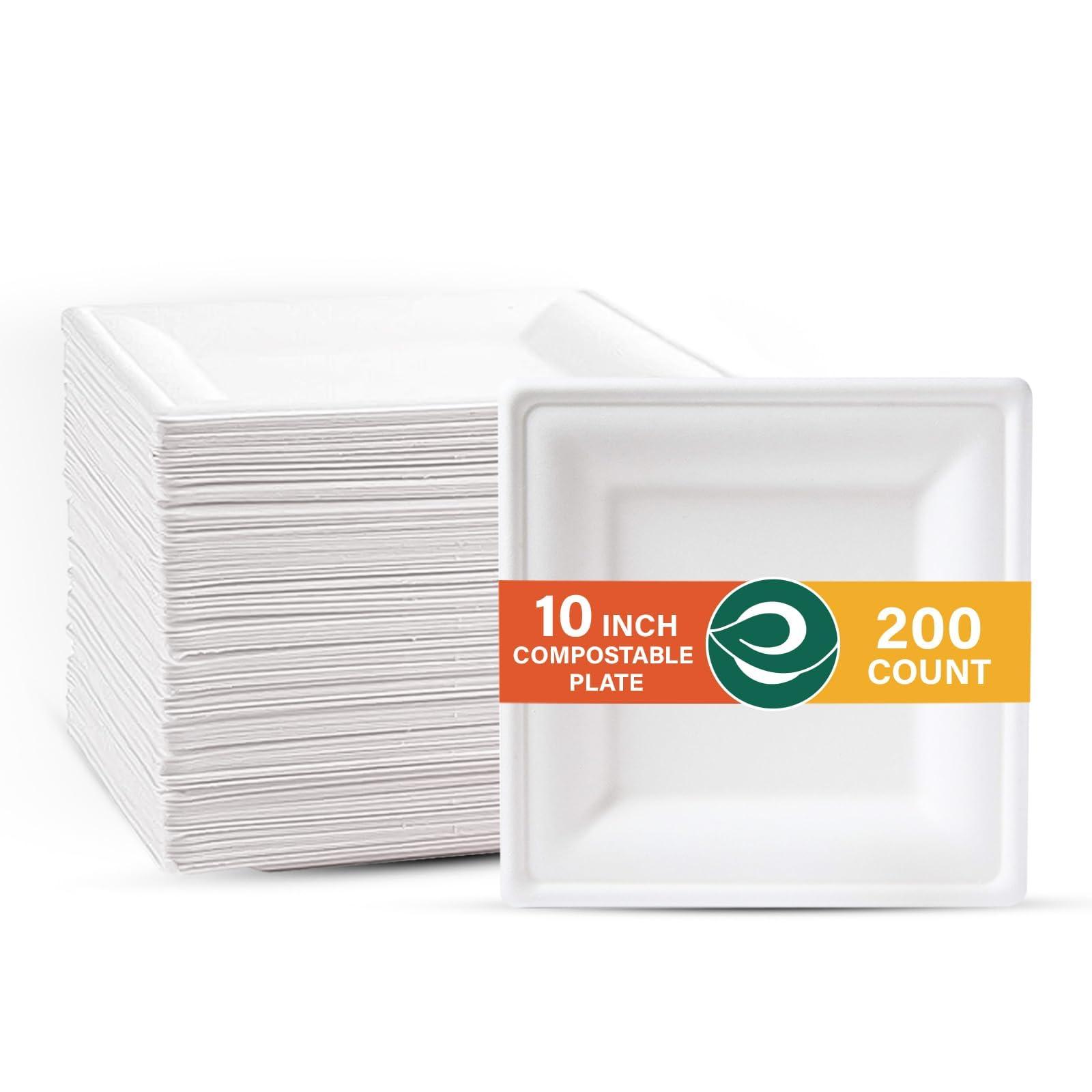 ECO SOUL Pearl White 10 Inch Square [200-Pack] Paper Plates (PFAS free) | 100% Compostable Disposable Bagasse I Heavy-Duty Eco-Friendly Dinner Plates I Biodegradable Sugarcane Eco Plates