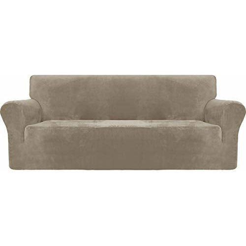 MAXIJIN Thick Velvet Sofa Covers 3 Seater Super Stretch Couch Cover for Dogs Cat Pet Friendly 1-Piece Elastic Furniture Protector Plush Sofa Slipcovers (3 Seater, Khaki) 0