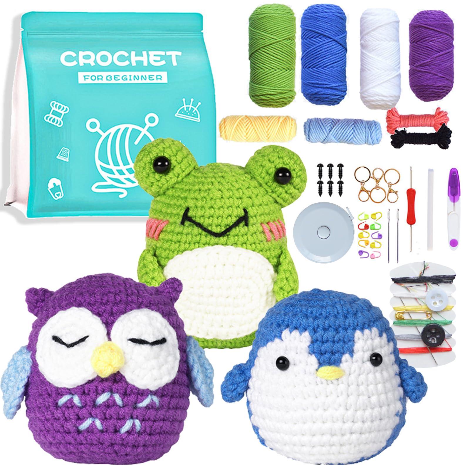 IFUNY Crochet Kit for Beginners Adults,Crochet Animal Kit, Complete Knitting Kit with Yarn, Crochet Hooks, Step-by-Step Video, Learn to Crochet Starter Kit for Beginners（Owl+Penguin+Frog