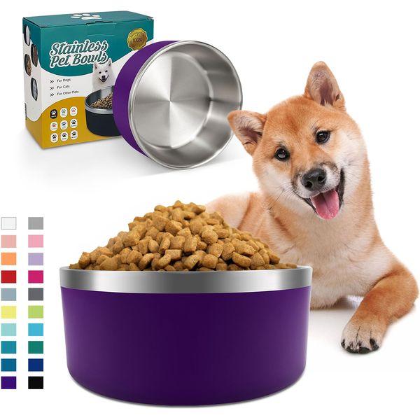 IKITCHEN Dog Bowl for Food and Water, 40 Oz Stainless Steel Pet Feeding Bowl, Durable Non-Skid Double Wall Insulated Heavy Duty with Rubber Bottom for Medium Large Sized Dogs (40 Ounces/5 Cup, Purple)