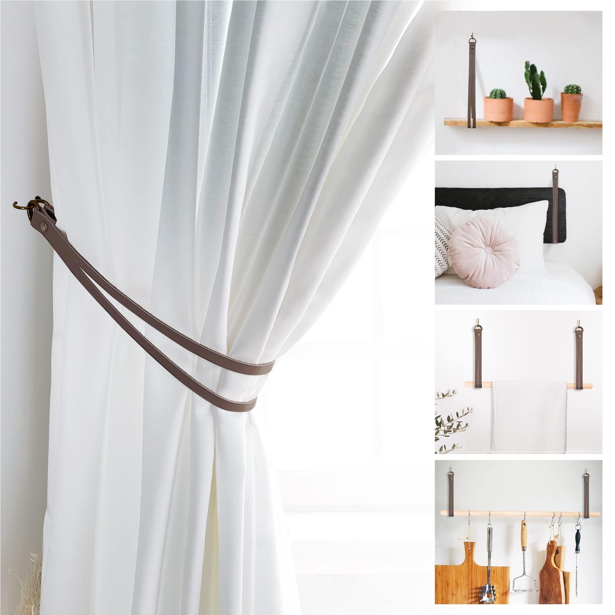 Set of 2 curtain tiebacks made of cowhide. Designer tiebacks. Use them as a wall decoration hanger or a bathroom accessory. Includes wall anchor hooks. (Grey) 0