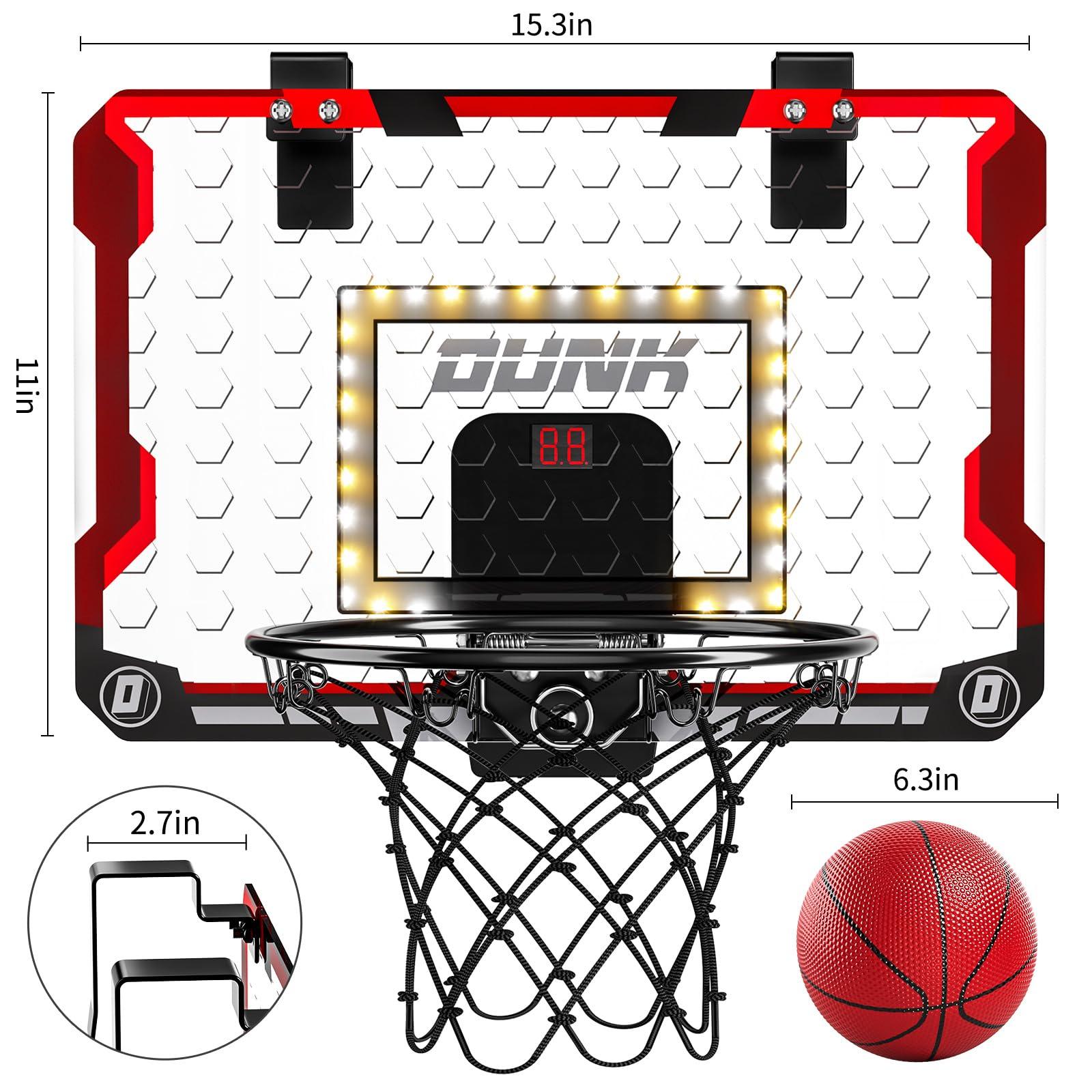 TEMI Basketball Hoop Indoor, LED Light Mini Basketball Hoop with 4 Balls & Electronic Scoreboard, Over The Door Basketball Hoop, Basketball Gifts for 5 6 7 8 9 10 11 12 Year Old Boys Girls Kids Teen 1