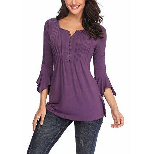 MISS MOLY Women's Henly Shirt Lace 3/4 Bell Sleeve Blouse Tunic Tops Elegant Purple X-Small 3