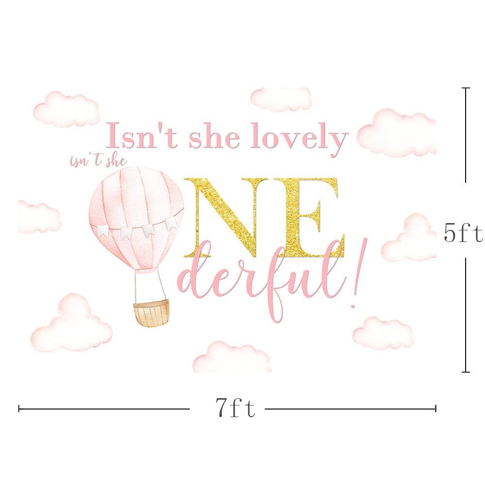 MEHOFOND 7x5ft Girl 1st Birthday Backgdrop Pastel Pink Cloud Sky Photography Background Isn't She Lovely Onederful Hot Air Balloon Party Decoration Cake Table Banner Photo Studio Props 2