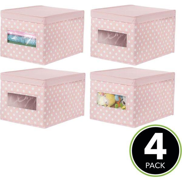 mDesign Set of 4 Stackable Storage Box - Fabric Wardrobe Organiser for Nursery and Child's Bedroom - Storage Cube with Hinged Lid and Viewing Window - Pink/White 1