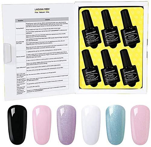 Lagunamoon 6 Colors Gel Nail Polish Set Pink Black Glitter Shiny Gel Nail Colours 6pcs Gel Nail Manicure Salon Starter Kit Soak Off UV LED 8ml Each Bottle 1