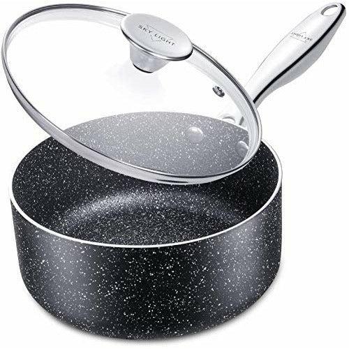Saucepan Induction 18 cm/2 L, Nonstick Sauce Pan with lid, Stone-Derived Granite Coating No-Stick Saucier Cooking Pot, Stainless Handle, Oven Safe-SKY LIGHT 0