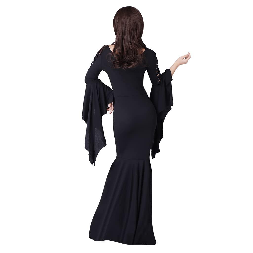 Fortunehouse Women's Morticia Addams Floor Dress Costume Adult Gothic Witch Vintage Dress Black, XS 4