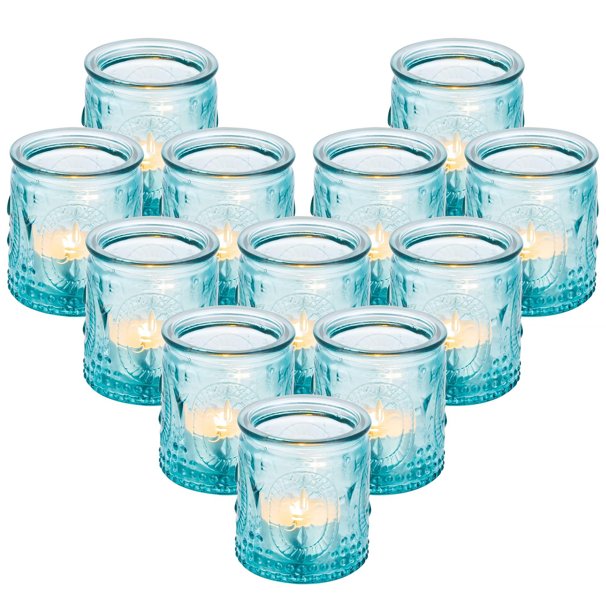 Glasseam Glass Votive Tealight Candle Holders, 24Pcs Blue Vintage Tea Light Candle Holders Floating Candle Holder Bulk for Christmas Dining Table Wedding Centrepieces Ceremony Living Room Decorations 0