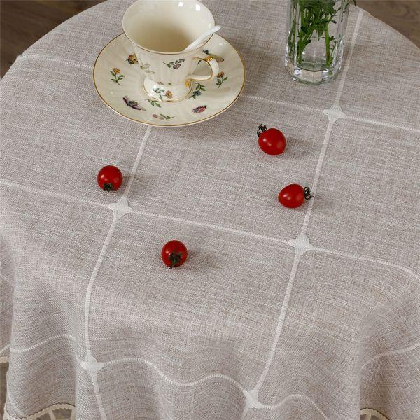 NEWISHER Farmhouse Rustic Embroidery Tablecloth Round Tassel Plaid Table Cloth Fabric Heavy Weight Table Cover for Kitchen Dining Party Tabletop Decoration Brown 150 cm 4