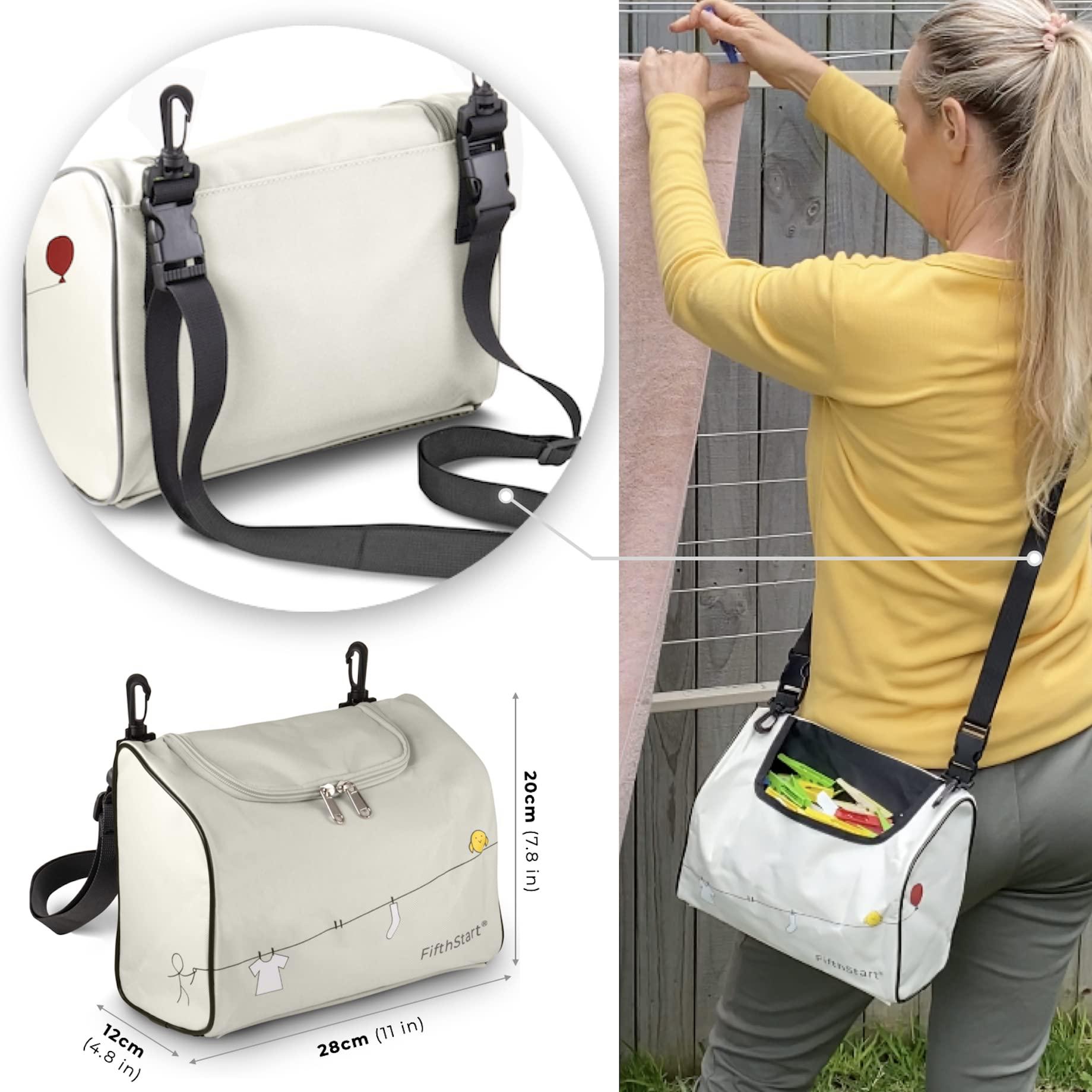 FifthStart Multipurpose Peg Bag - Heavy Duty & Quick Dry - Peg Basket with Shoulder Strap, Waist Belt & Washing Line Clips -Versatile Clothes Peg Bag - Holds 300 Pegs (Zip Mesh Base, Beige) 1