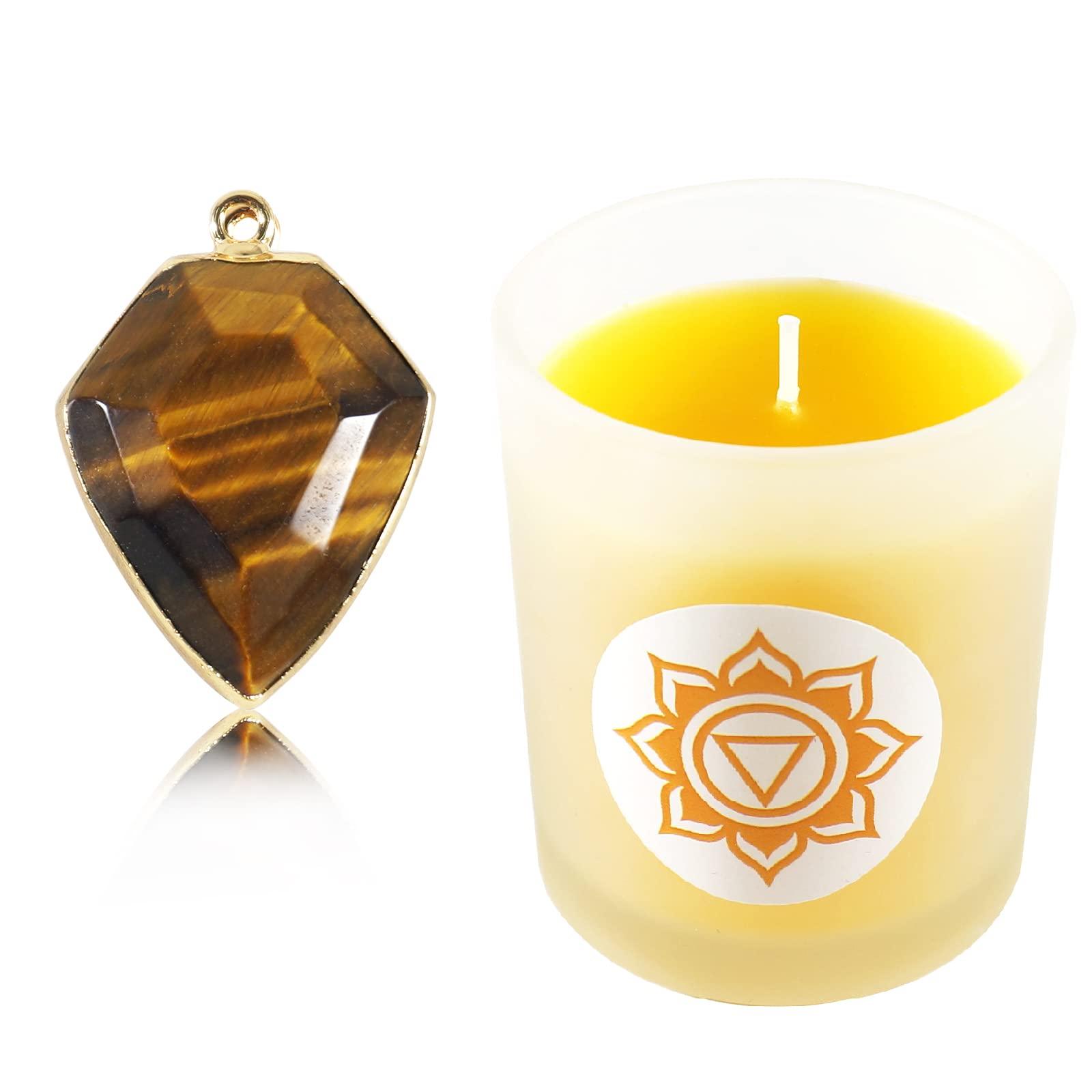 Soulnioi Lemon Yellow Scented Candles Set of Fragrance Soy Wax,Tiger Eye Crystal Diamond Shape Crystal Pendant of Stress Relief Relaxation for Gift - Lemon/100g