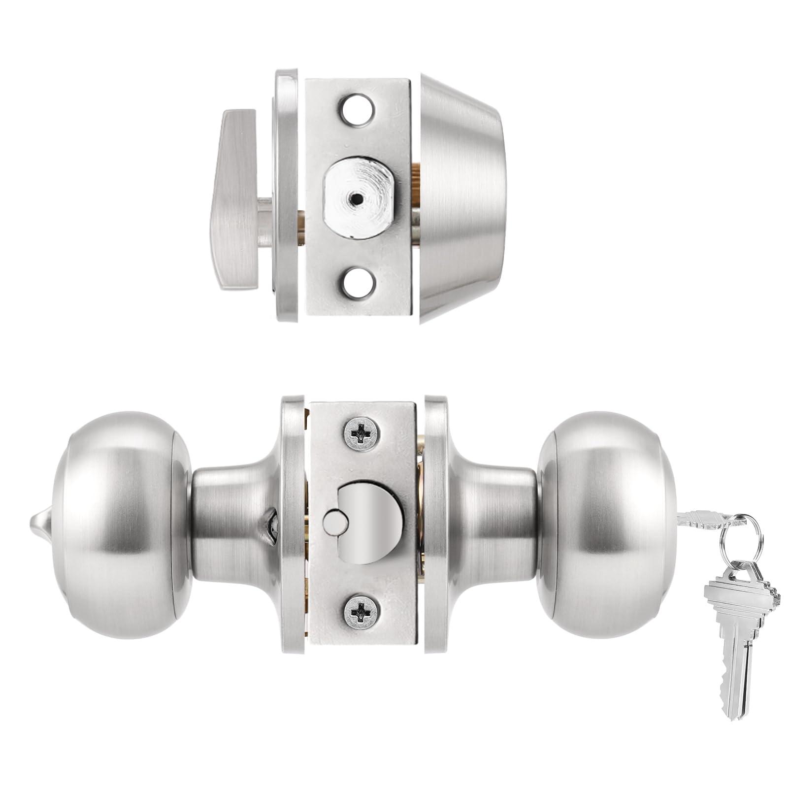 Probrico Front Entrance Door Locks with Cylinder Deadbolt, Brushed Nickel Exterior Door Knobs with Same Key and Lock, 5 Pack Exterior Door Handles 1