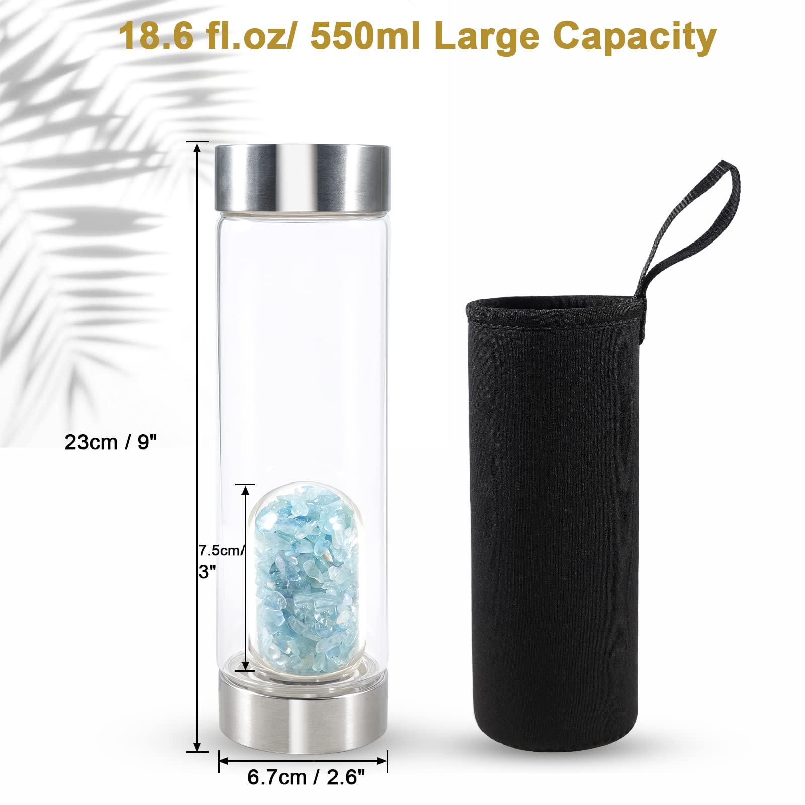 Soulnioi Crystal Glass Water Bottle Crystal, Drinking Flask Cylinder Glass Protective Cover with Crushed Stones Removable Portable Proof Leak Gemstone Bottle Creative Gift- Green/550ML 1