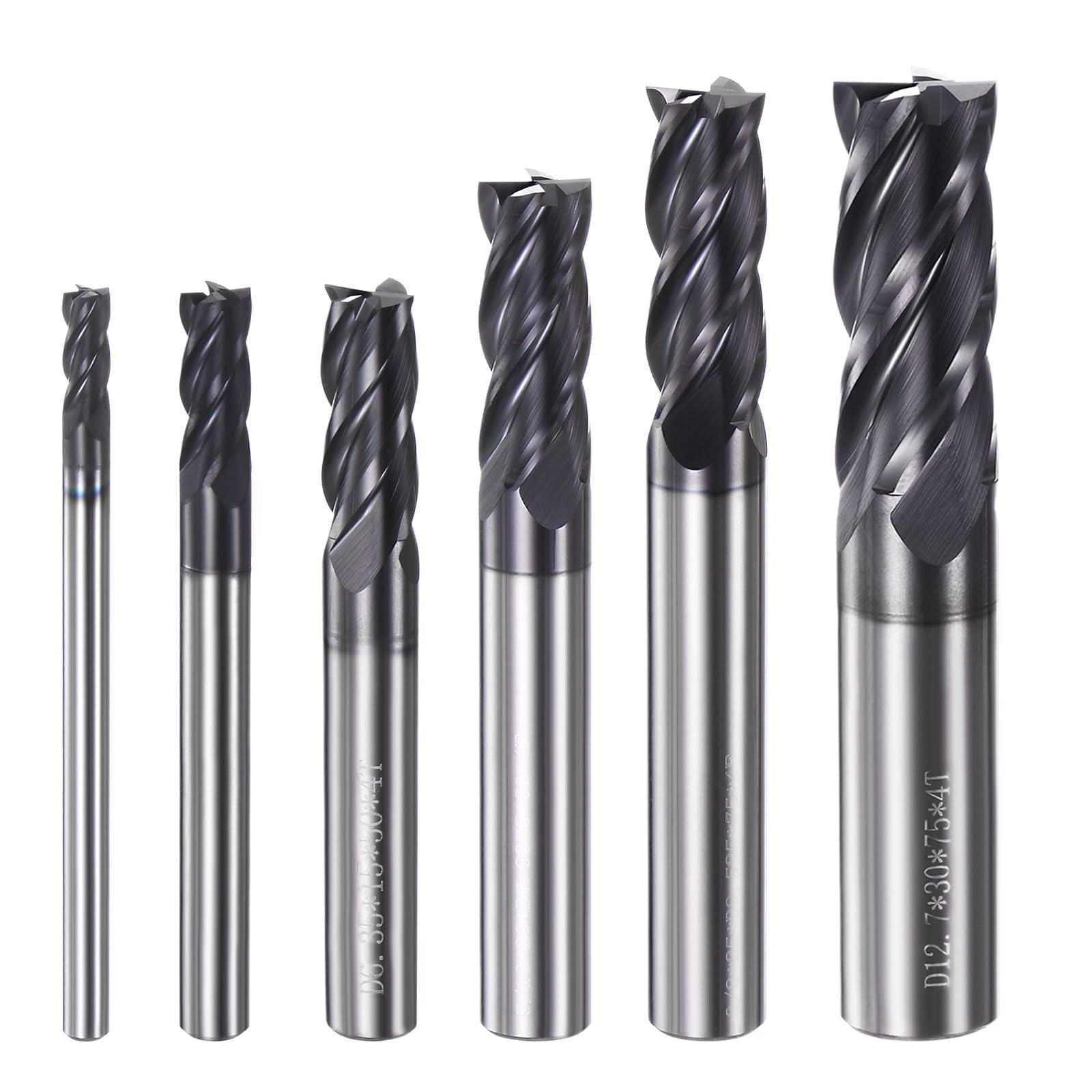 sourcing map Square End Mills Set(6pcs) HRC 60 4 Flutes AlTiN Coating Tungsten Steel Carbide Mill Bit for Hardened Steels