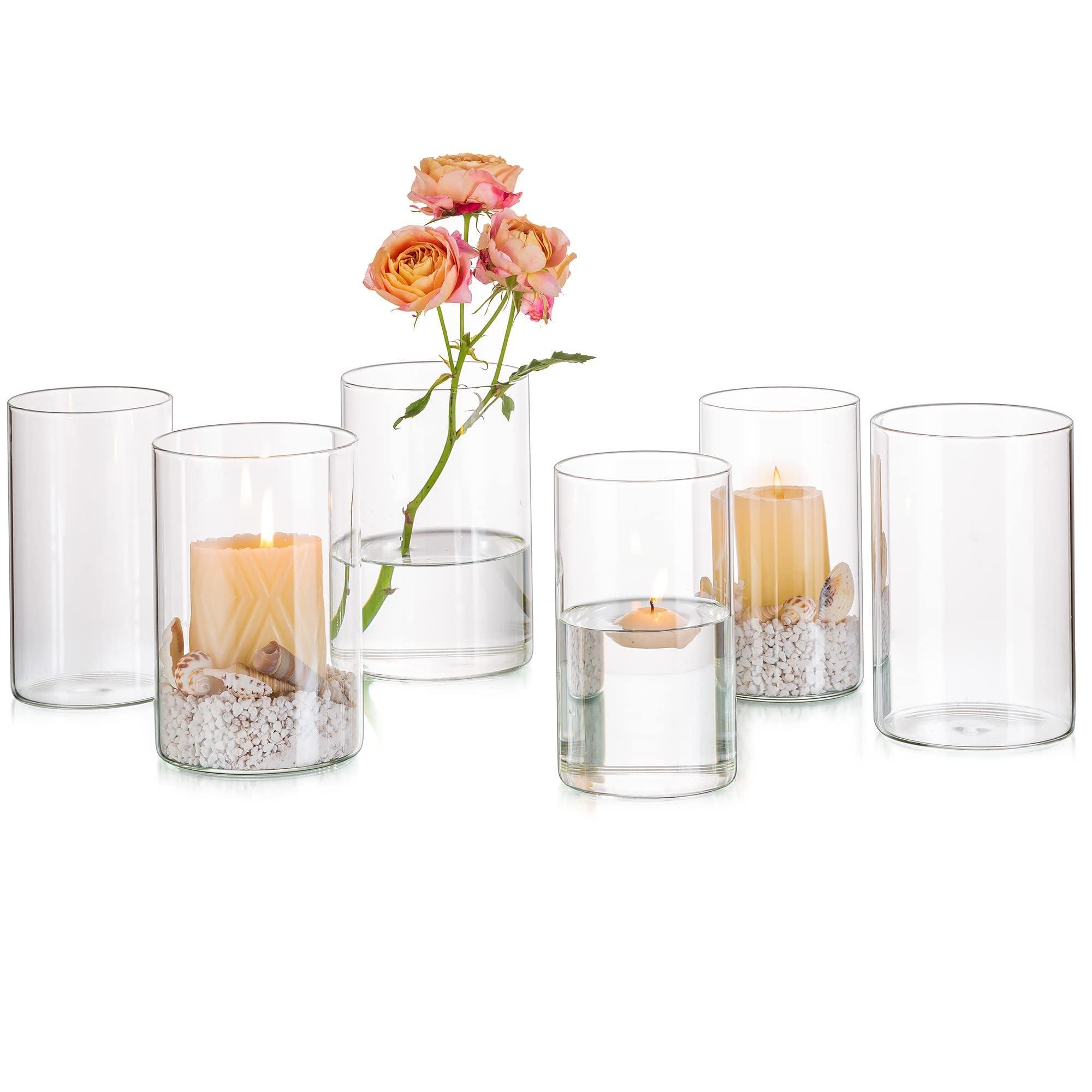 Glasseam Cylinder Glass Vase, Small Vases for Flowers 6Pcs, 15cm Modern Candle Vases for Pillar Candles, Decorative Hurricane Vase Clear Flower Vases for Living Room Wedding Table Centrepiece Decor 0