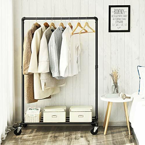 SONGMICS Heavy Duty Metal Clothes Rack on Wheels, Holds 90 kg, Industrial Design, Coat Stand with 1 Clothes Rail and Shelf, for Bedroom Laundry Room, Black HSR61BK 2