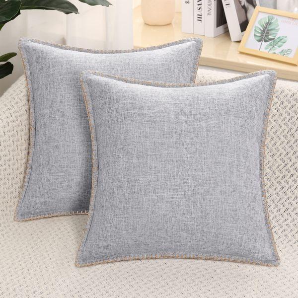 decorUhome Set of 2 Linen Cushion Covers 45X45cm,Decorative Outdoor Plain Vintage Cushion Covers with Stitched Edges, Square Farmhouse Neutral Pillow case 18x18 Inch for Sofa, Light Grey 0