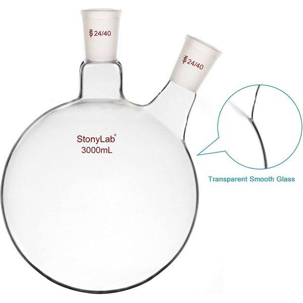 StonyLab Glass 3000ml Heavy Wall 2 Neck Round Bottom Flask RBF, with 24/40 Center and Side Standard Taper Outer Joint (3000ml) 3