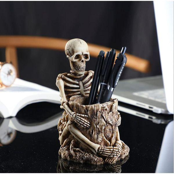 Xshelley Cool Skullsitting skull pen holder, home desk storage box, home decorations, holiday gifts 4