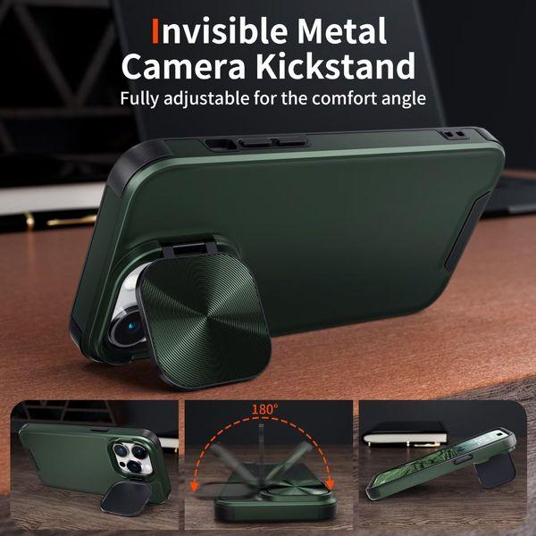 Buysing for iPhone 15 Pro Max Case with Camera Cover Stand [Compatible with MagSafe] Magnetic Military Grade Heavy Duty Invisible Metal Camera Kickstand Hard Matte Shockproof Case 6.7"-Dark Green 2