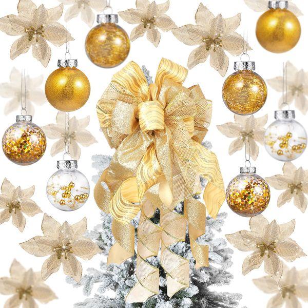 49 Pcs Christmas Tree Decoration Set Include Christmas Tree Topper, 24 Pcs Glitter Christmas Flowers 3 Sizes, 24 Pcs 2.36 Inch Christmas Ball Ornaments for Tree Holiday Party Decorations (Gold)
