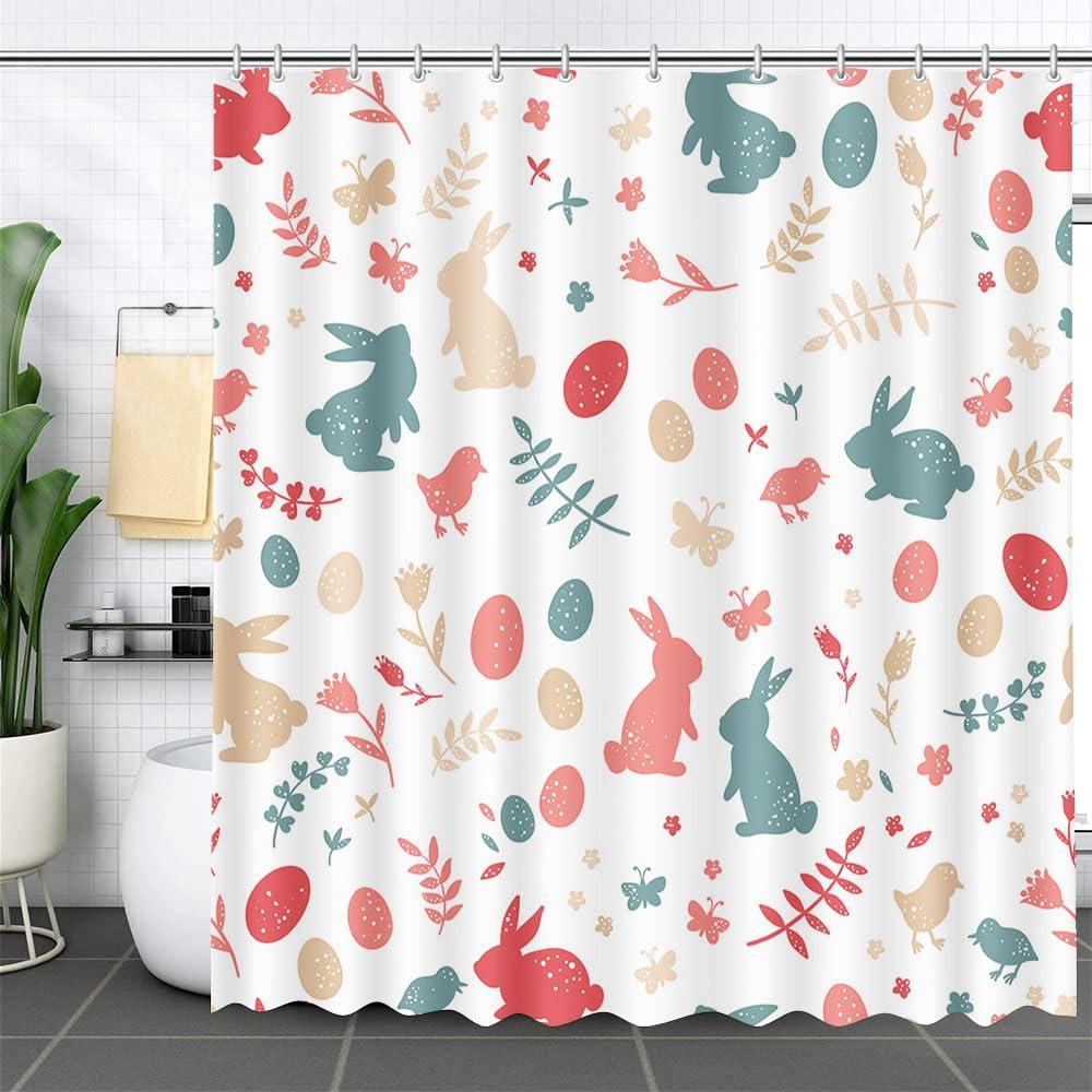 MEHOFOND 72x72inch Spring Easter Shower Curtain Cartoon Plant Bunny Egg Cartoon Fun Home Bath Decor Durable Polyester Material With 12 Hooks 1