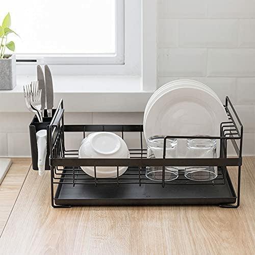 SUNFICON Dish Drainer Kitchen Countertop Dishes Drying Rack Dish Drying Organiser Holder With Drip Tray Draining Board Cutlery Utensil Holder RV Studio Small Flat 48×29.5×19 cm Black 2